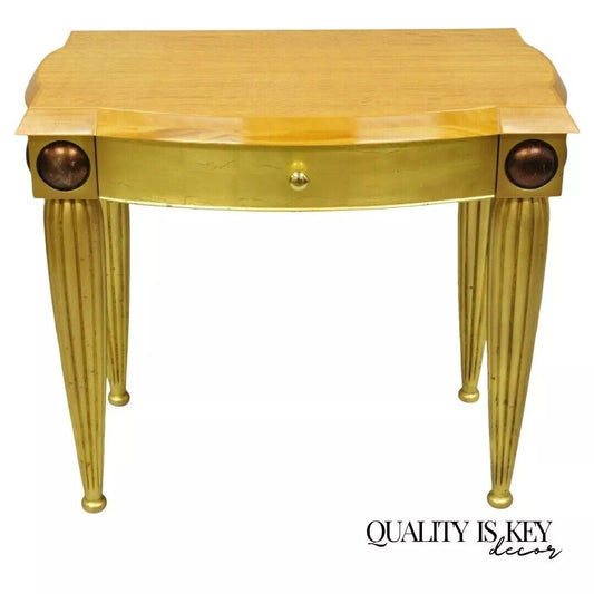 Italian Hollywood Regency Curly Maple Gold Gilt Leaf 1 Drawer Console Hall Table