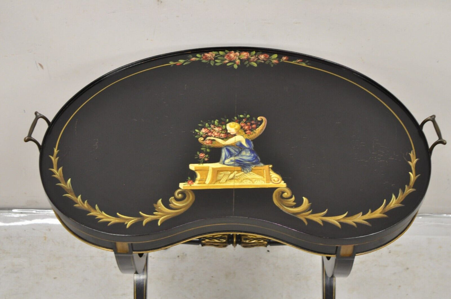 Vintage Imperial Furniture Regency Black Hand Painted Curule Kidney Side Table