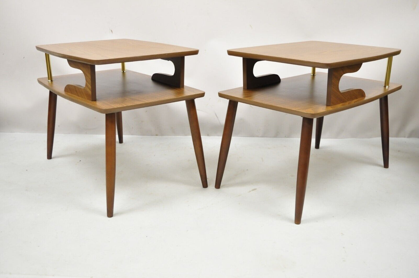 Mid Century Modern Walnut and Laminate Top 2 Tier Step Up End Tables - a Pair