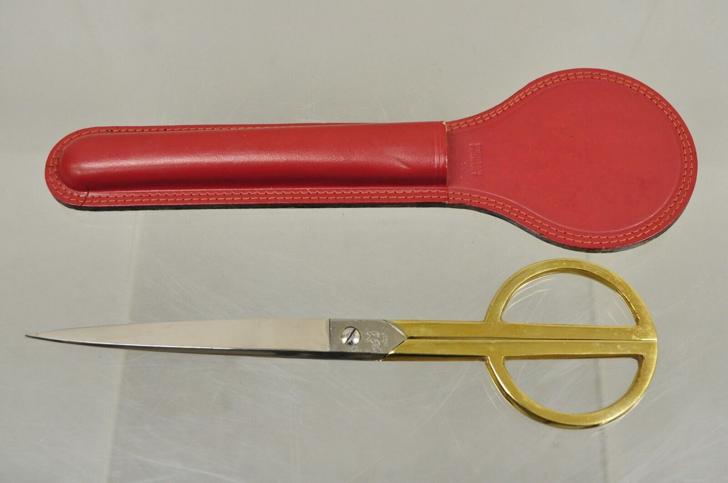 Vintage Italian Hollywood Regency Solingen Red Leather Desk Set Brass Scissors