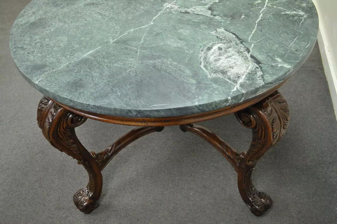 French Baroque Style Carved Mahogany and Green Marble Top Round Center Table