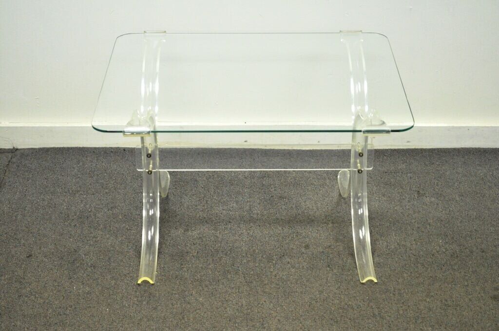Vintage Mid Century Modern Glass Top Lucite X Form Butterfly Side End Table