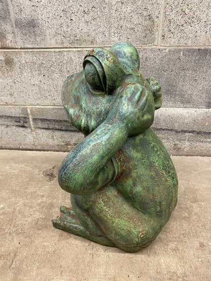 Vintage Hollywood Regency Green Cast Iron Garden Frog Statue "Hear no Evil"