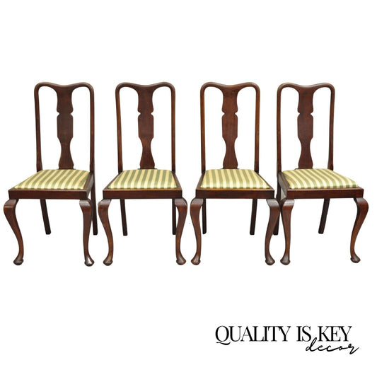 Antique Queen Anne Style Mahogany T-back Dining Side Chairs - Set of 4