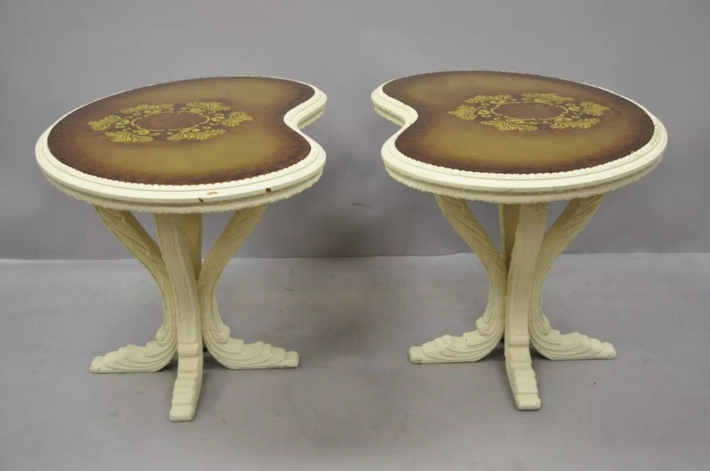 Vintage Hollywood Regency Gold Glass Kidney Shaped White Side Tables - a Pair