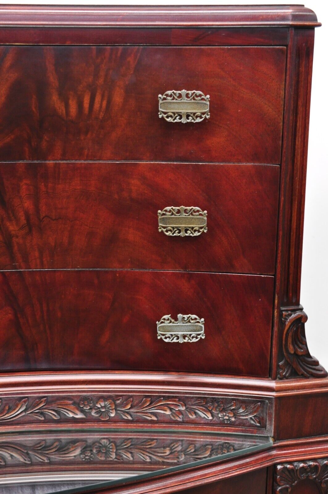 Vtg Chinese Chippendale Flame Mahogany Bowed Front Tall Chest on Chest Dresser