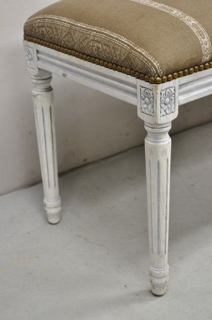 French Louis XVI Style Blue White Distress Painted Upholstered Wooden 40" Bench