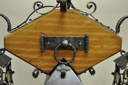 Vintage Arts & Crafts Gothic Style Wood Wrought Iron 3 Light Lantern Chandelier