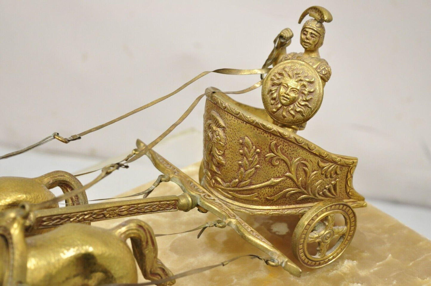 Vintage Gold Gilt Metal Roman Horse Drawn Chariot Sculpture on Marble Base