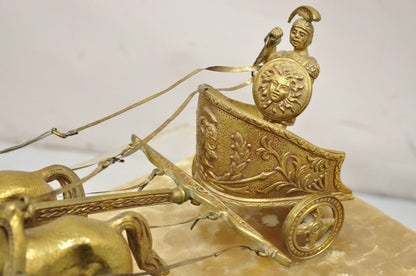 Vintage Gold Gilt Metal Roman Horse Drawn Chariot Sculpture on Marble Base