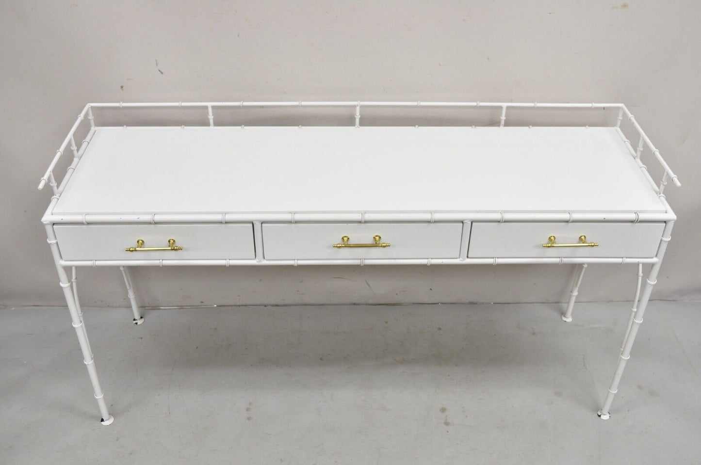 Vintage Hollywood Regency Faux Bamboo White 3 Drawer Metal Hall Console Table