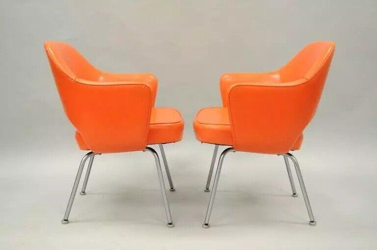 Early Vintage Eero Saarinen for Knoll Orange Vinyl Executive Arm Chairs - a Pair