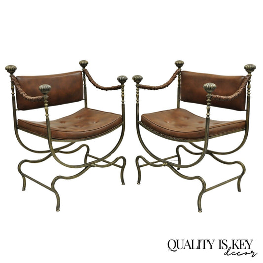 Vintage Renaissance Style Iron Savonarola Curule Campaign Arm Chairs - a Pair