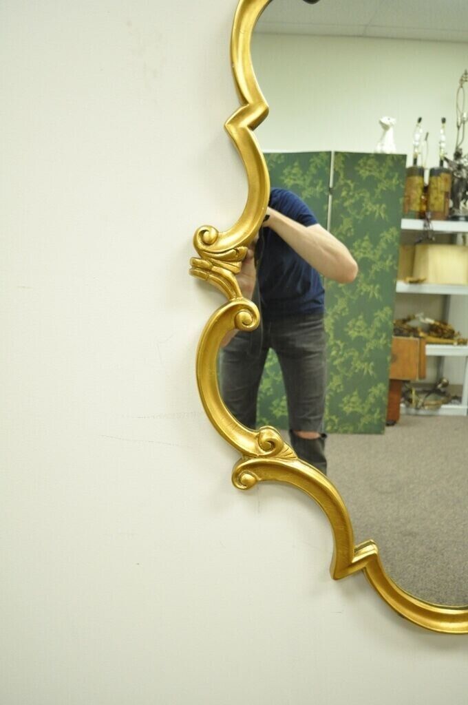 Vintage Hollywood Regency French Style Gold Carved Wood Scrollwork Wall Mirror