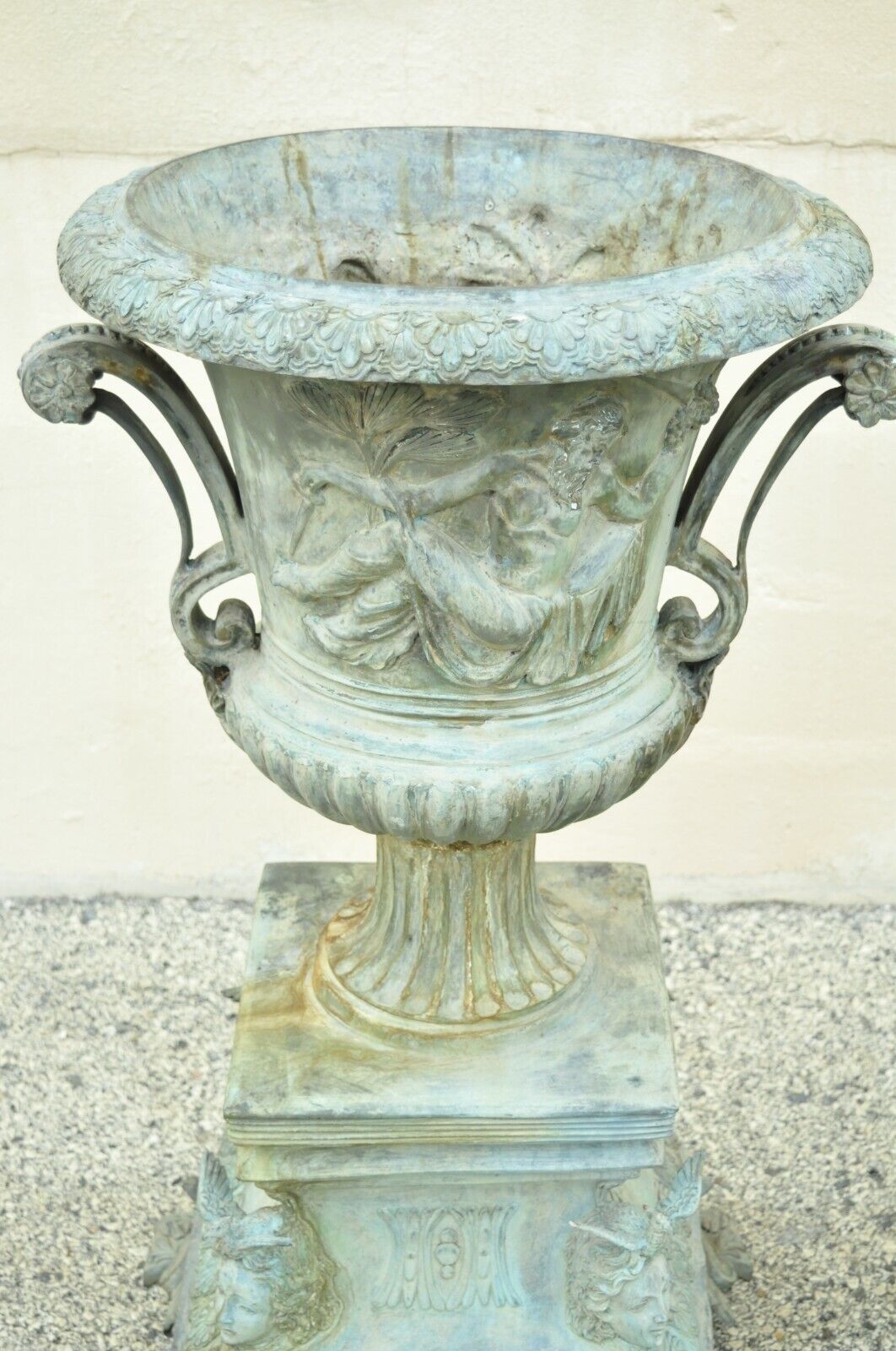 French Louis XV XVI Style Bronze Verdigris 43" Figural Garden Planters - a Pair