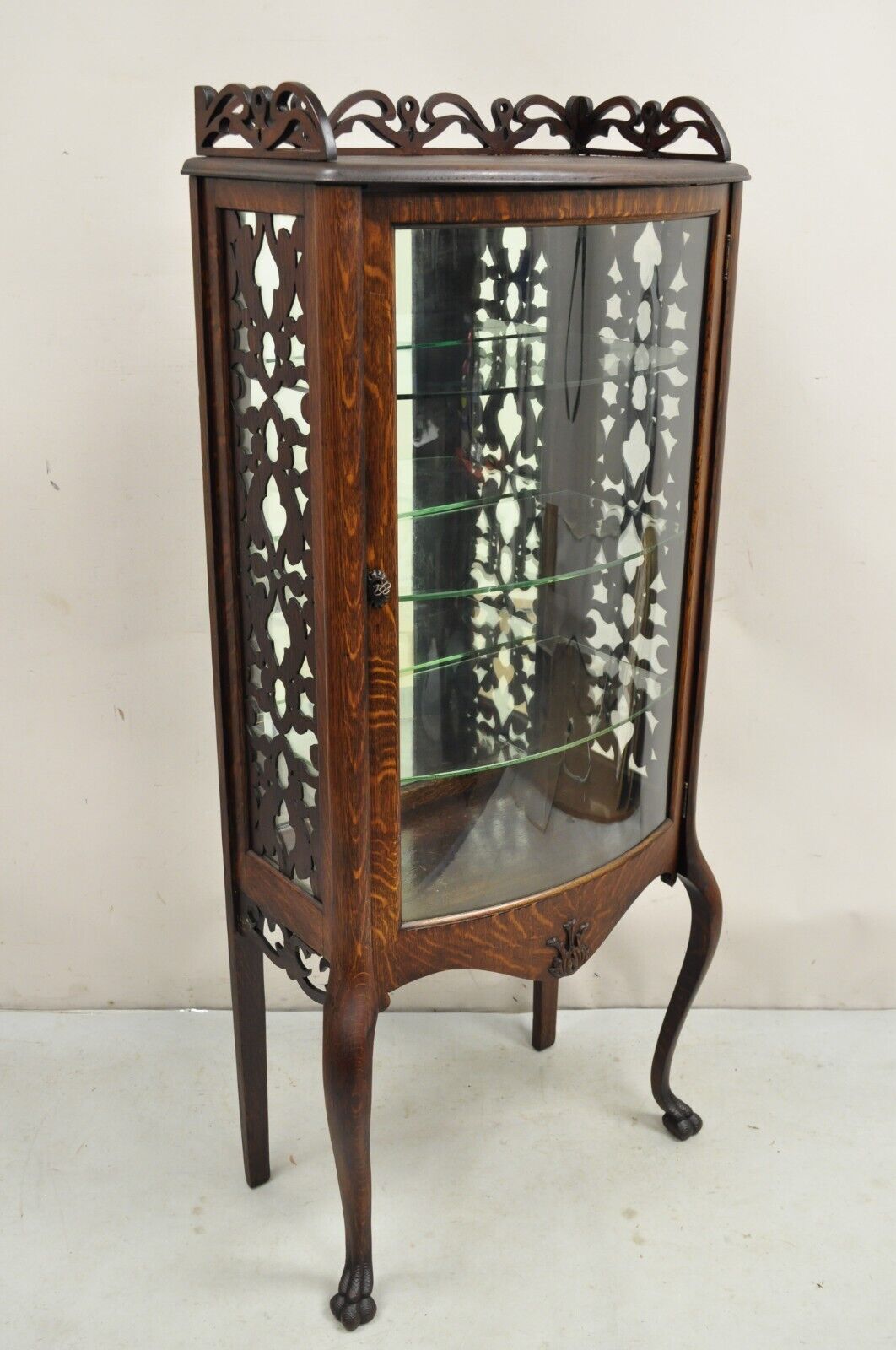 Antique Victorian Oak Wood Bowed Glass Single Door Carved Fretwork Curio Cabinet