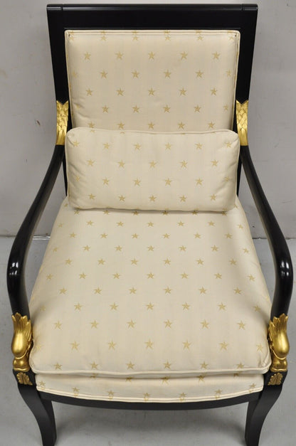 Ethan Allen French Empire Style Black Lacquer Gold Dolphin Upholstered Arm Chair