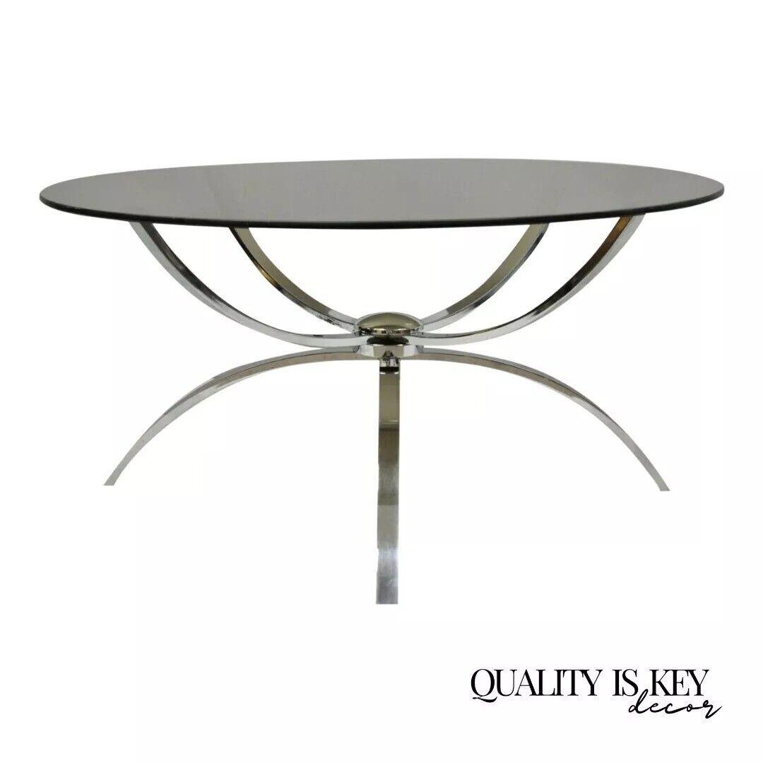 Mid Century Italian Modern Chrome Steel Spider Base Round Glass Top Coffee Table