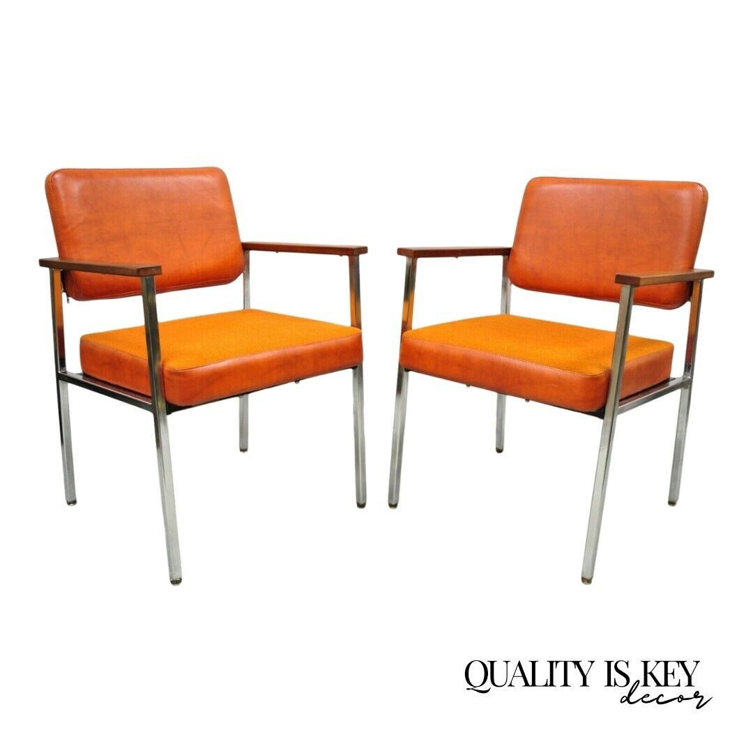 Mid Century Modern Orange Naugahyde Chrome Frame Lounge Arm Chairs by Malibu Ind