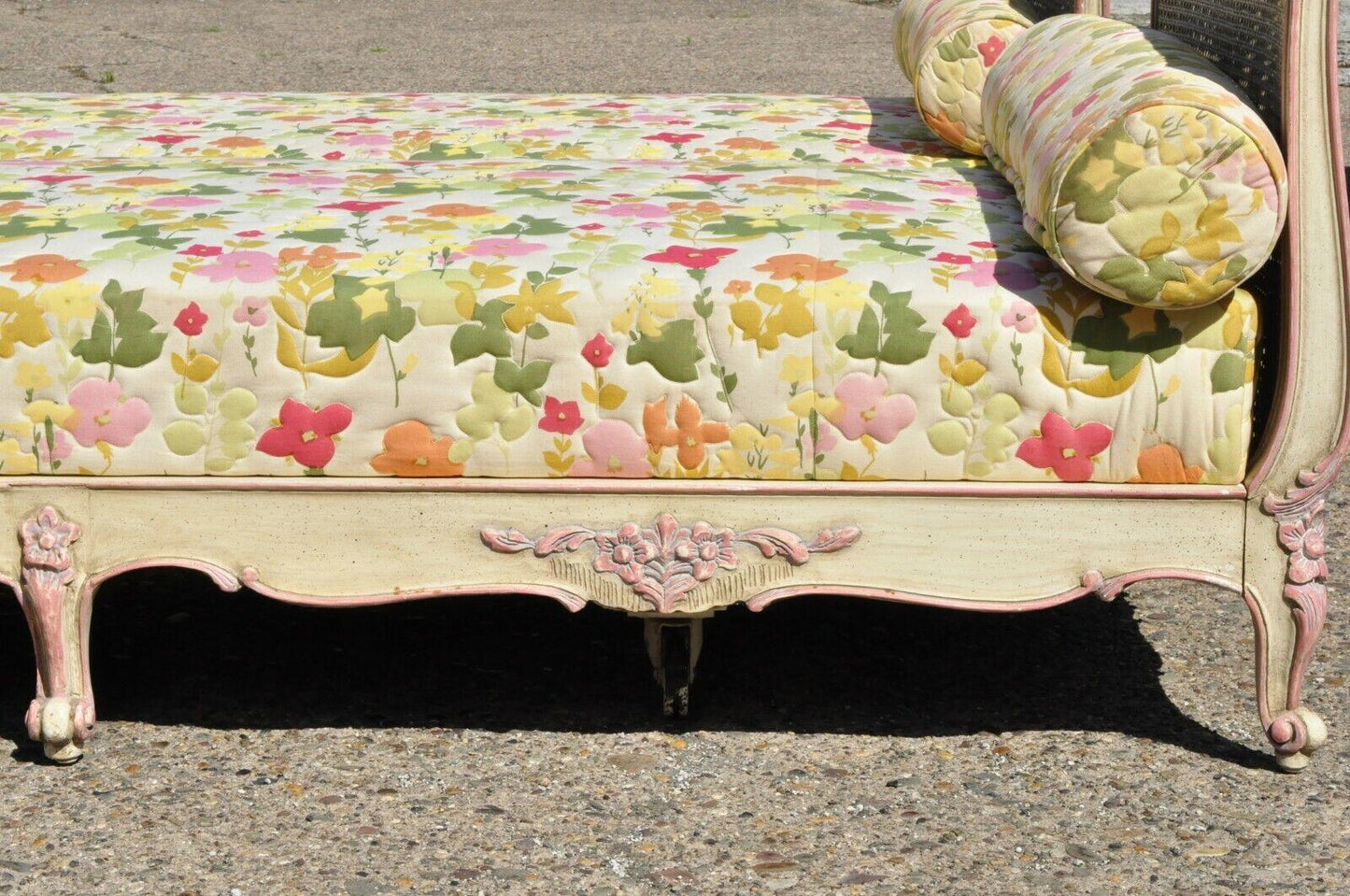 Vintage French Louis XV Style Pink & Cream Painted Cane Bed Daybeds - a Pair