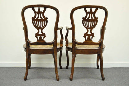 Vintage Italian Venetian Style Cherry Wood Cane Seat Arm Chairs - a Pair