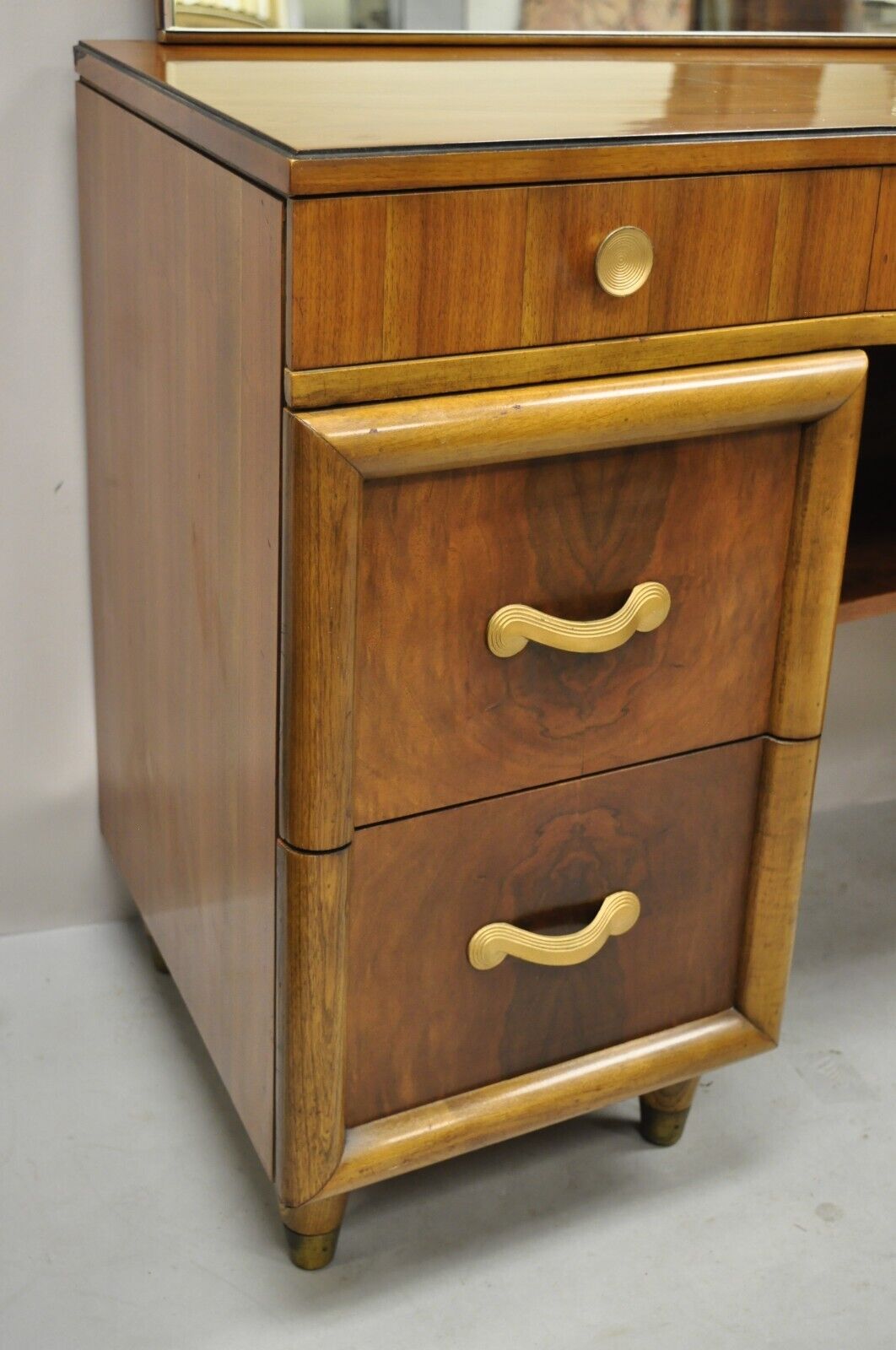 Joerns Bros Art Deco Mid Century Burl Walnut Vanity Table with Mirror