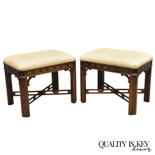 Vintage Chinese Chippendale Style Mahogany Fretwork Stools by Hickory - a Pair