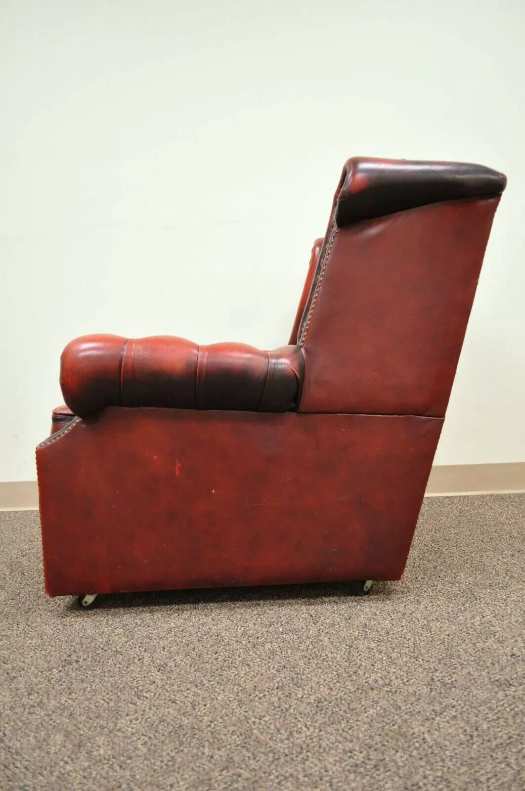 Vintage English Chesterfield Style Rolled Arm Red Leather Club Lounge Chair