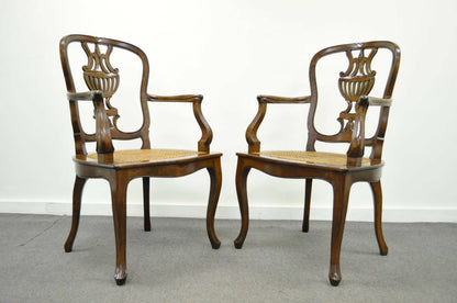 Vintage Italian Venetian Style Cherry Wood Cane Seat Arm Chairs - a Pair