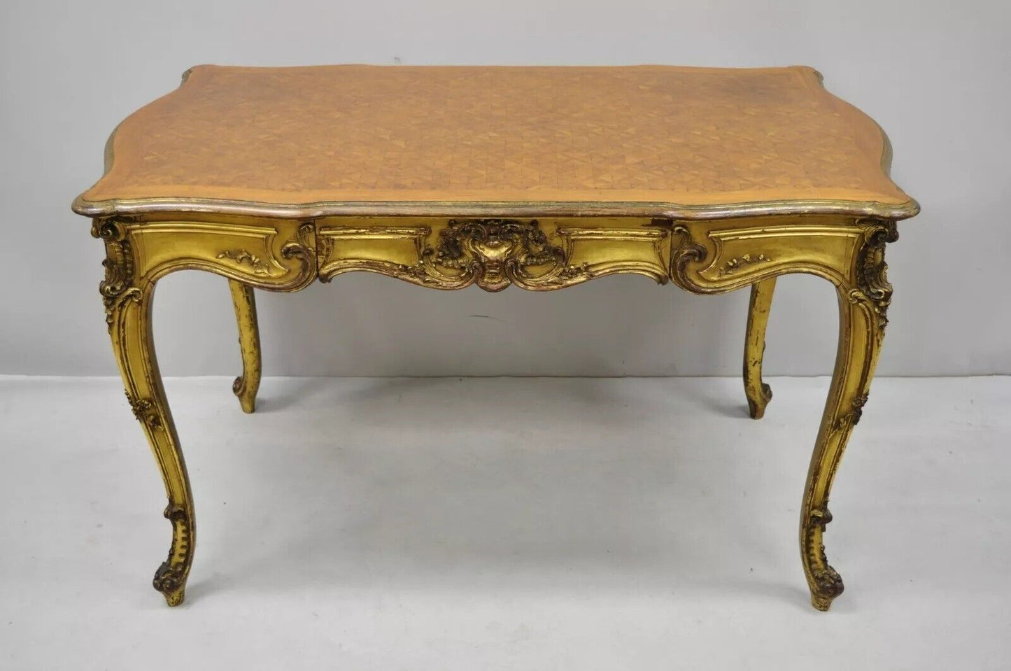 19th C. French Louis XV Style Gold Giltwood Writing Desk w/ Marquetry Inlay Top