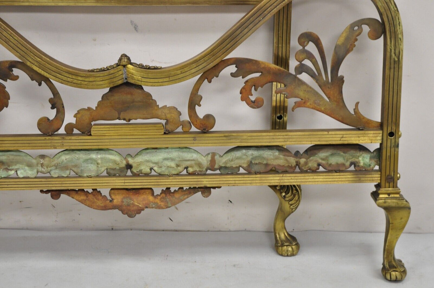 Antique French Victorian Solid Brass Patinated Leafy Scrollwork Twin Bed Frame