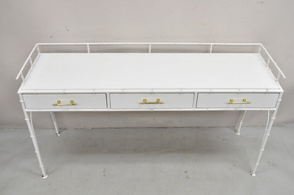 Vintage Hollywood Regency Faux Bamboo White 3 Drawer Metal Hall Console Table