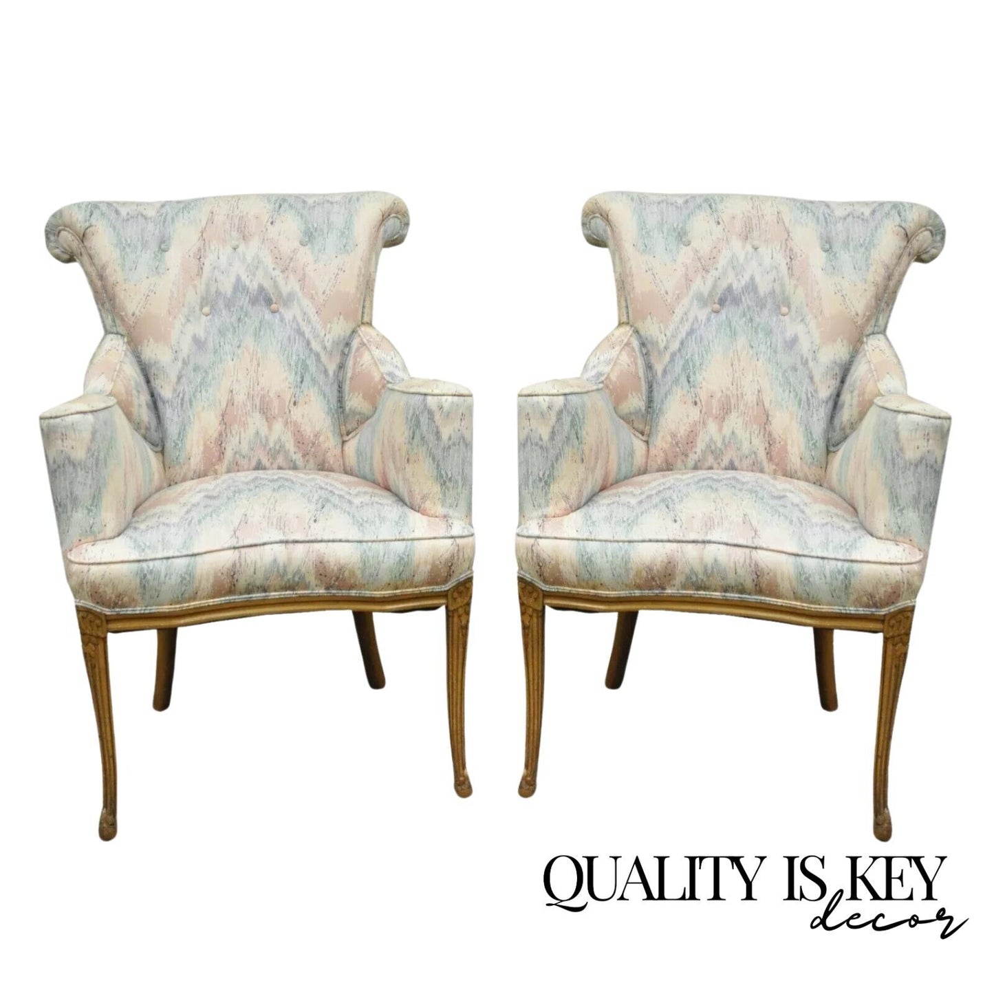 Vintage French Hollywood Regency Rolled Back Fireside Parlor Arm Chairs - a Pair
