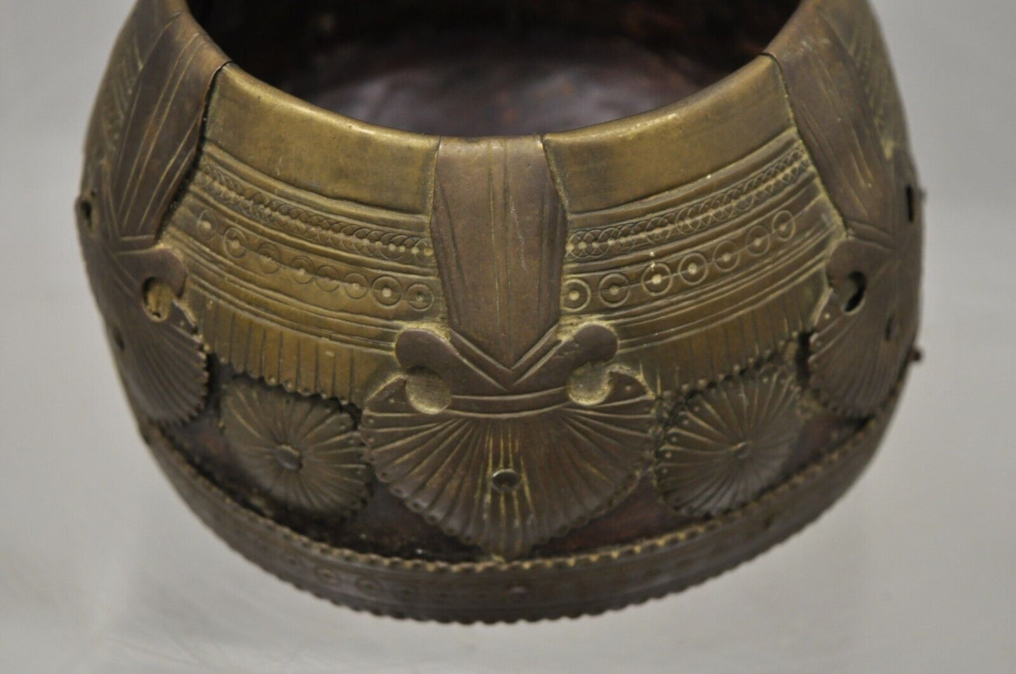 19th C. Antique Indian Brass and Wood Smoking Tobacco Jar Box Ashtray Set - 3 Pc