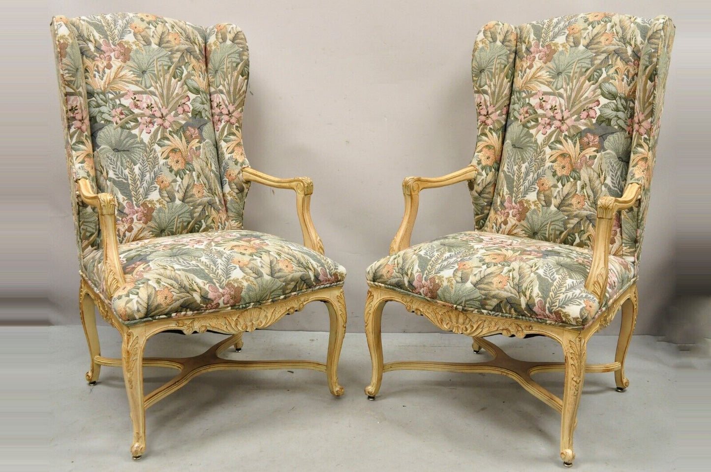 Pair French Provincial Country Louis XV Style Upholstered Wingback Lounge Chairs