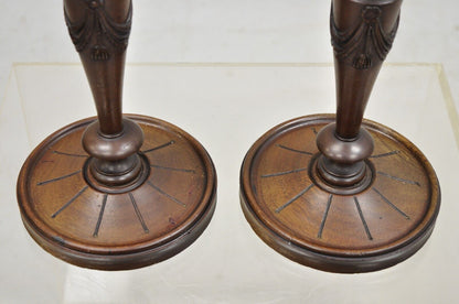 Antique English Edwardian Carved Mahogany Draped Single Candle Stick - Pair