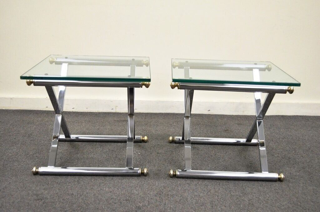 Mid Century Modern Hollywood Regency Chrome Brass Glass X Form Side Table - Pair