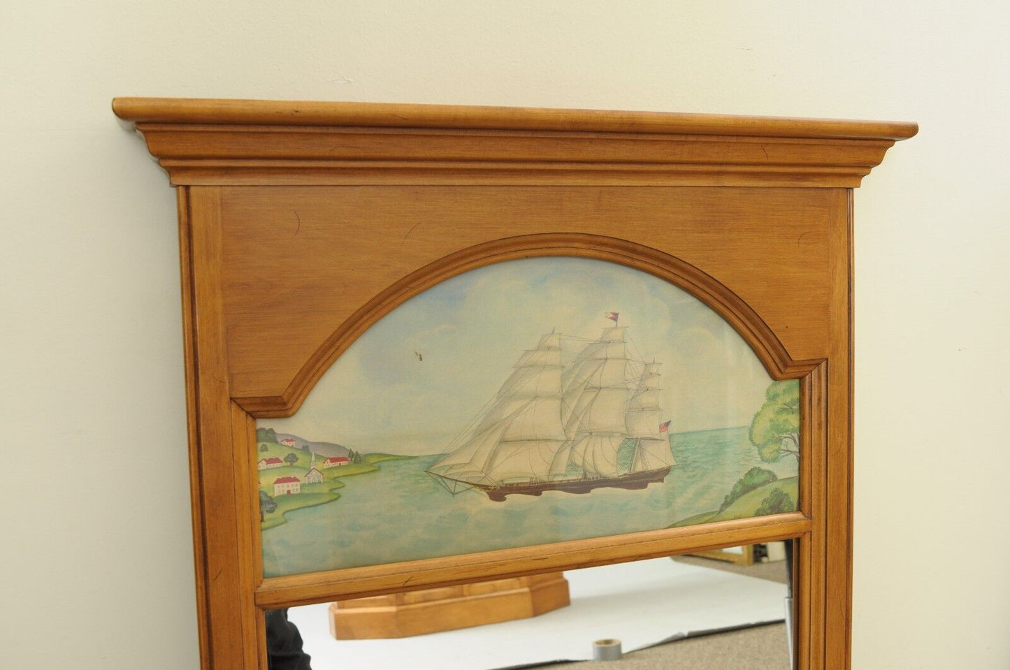 Conant Ball Maple Wood Hall Console Table Cabinet and Wall Mirror Clipper Ship