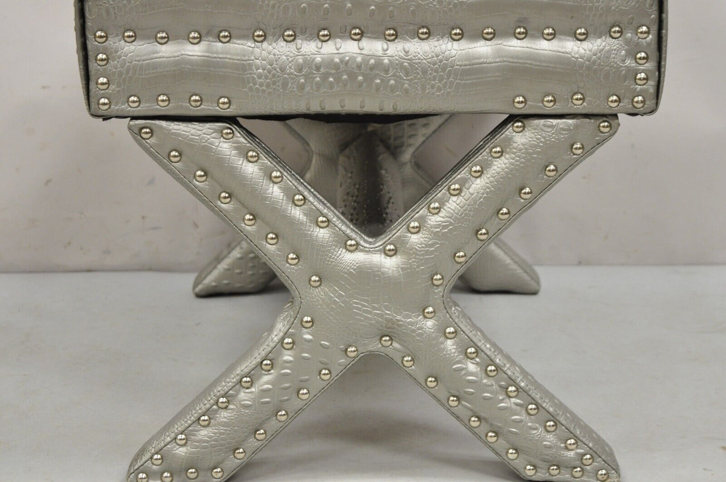 Decorator Hollywood Regency Faux Croc Silver X-Base Nailhead Trim Bench Stool