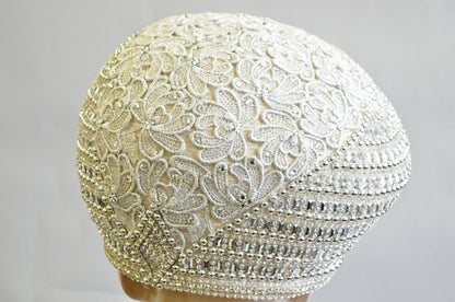 Shellie McDowell Silver Lace Pearl Rhinestones Church Derby Ladies Crown Hat