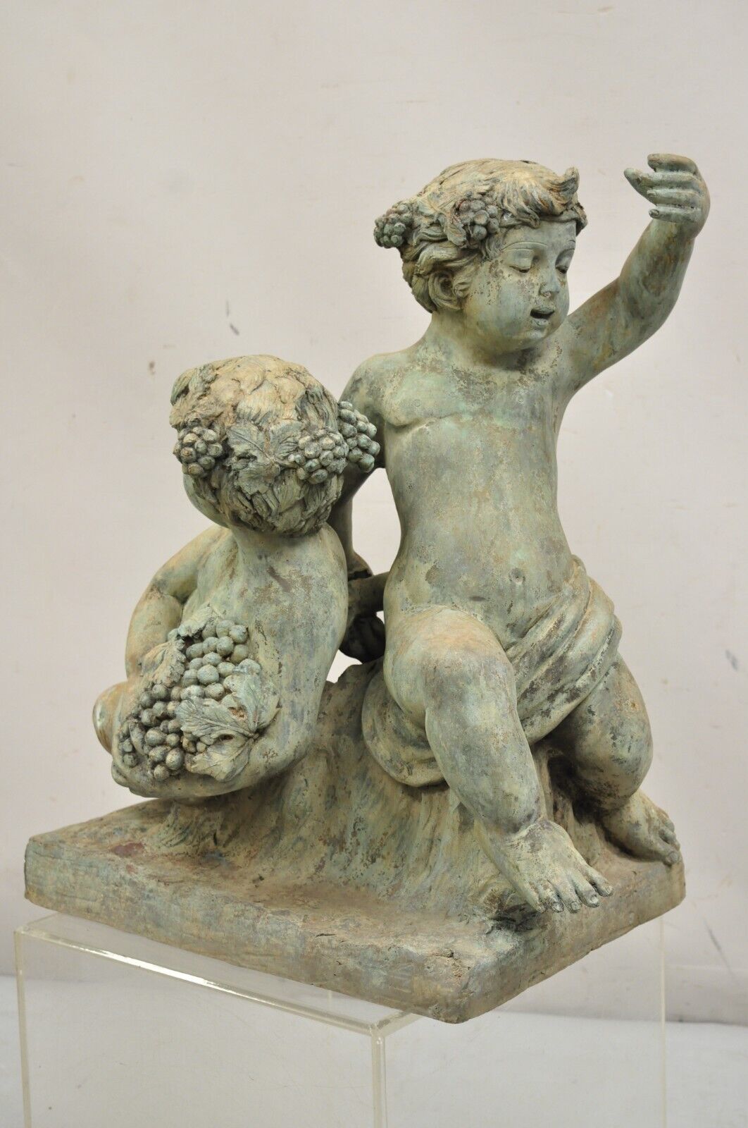 French Neoclassical Style Verdigris Bronze Large Bacchus Cherubs Putti Sculpture