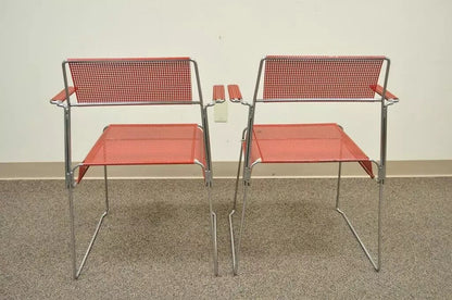 Vintage Tomado Mid Century Modern Red Stacking Chrome Metal Mesh Chairs A - Pair