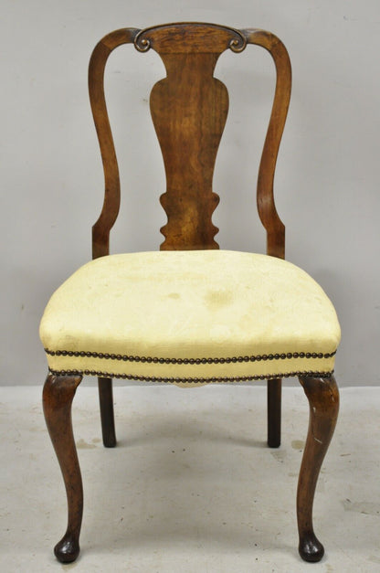 Antique 19th C English Queen Anne Burr Walnut Splat Back Dining Side Chair