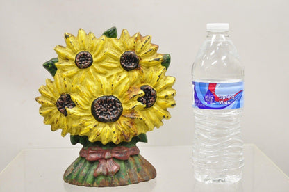 Antique Victorian Cast Iron Figural Yellow Sunflower Bouquet Painted Door Stop