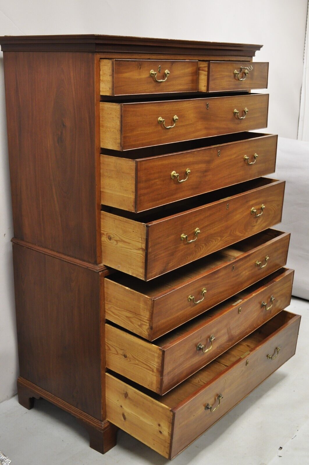 19th C. George III Mahogany Highboy Tall Chest on Chest 8 Drawer Dresser