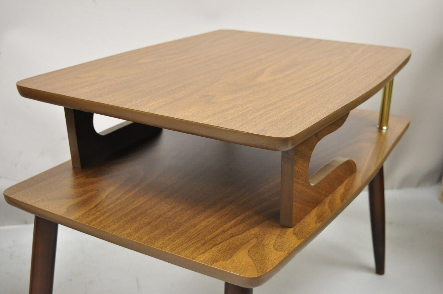 Mid Century Modern Walnut and Laminate Top 2 Tier Step Up End Tables - a Pair