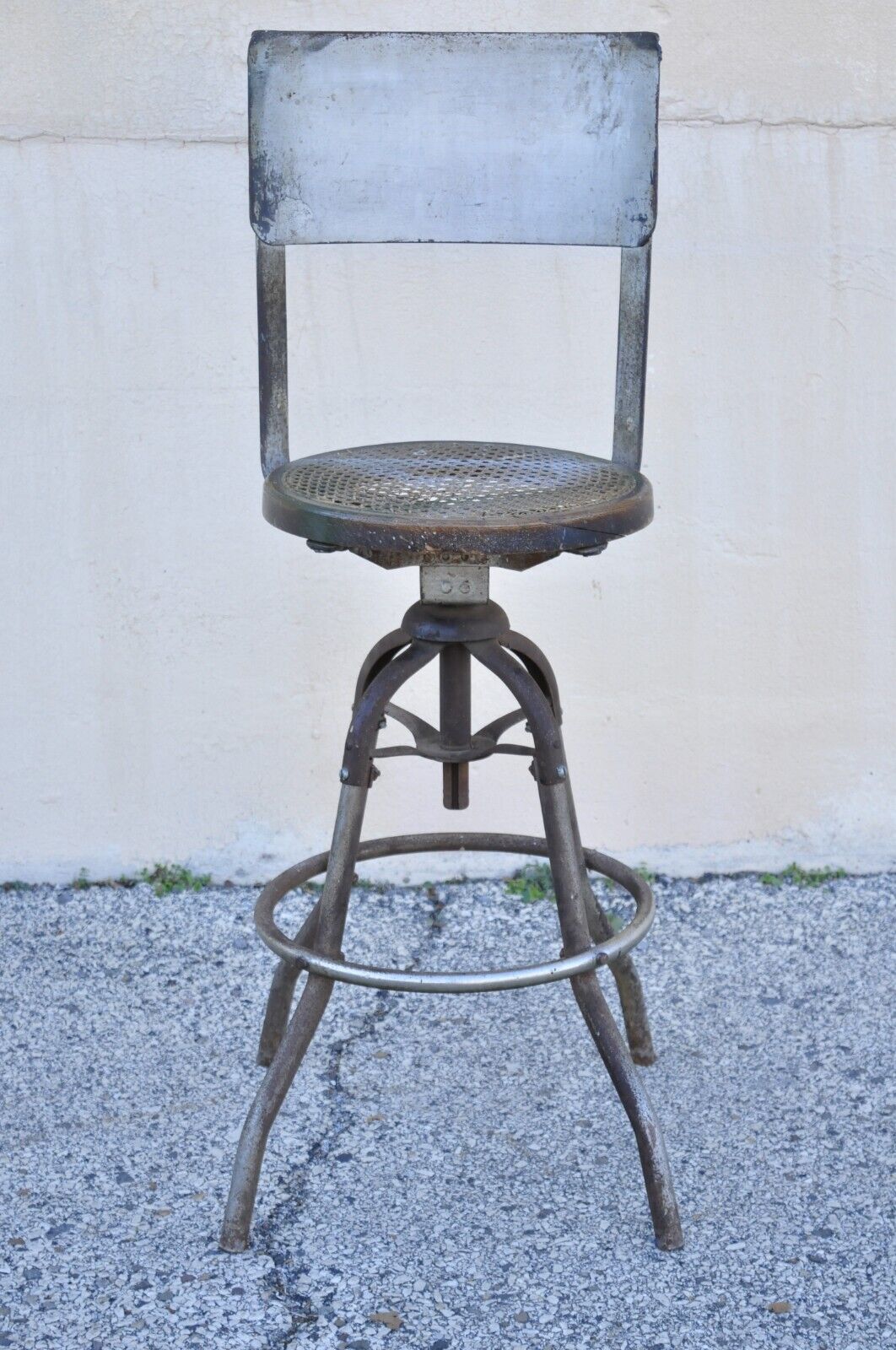 Antique American Industrial Metal Drafting Work Stool with Oak and Cane Seat