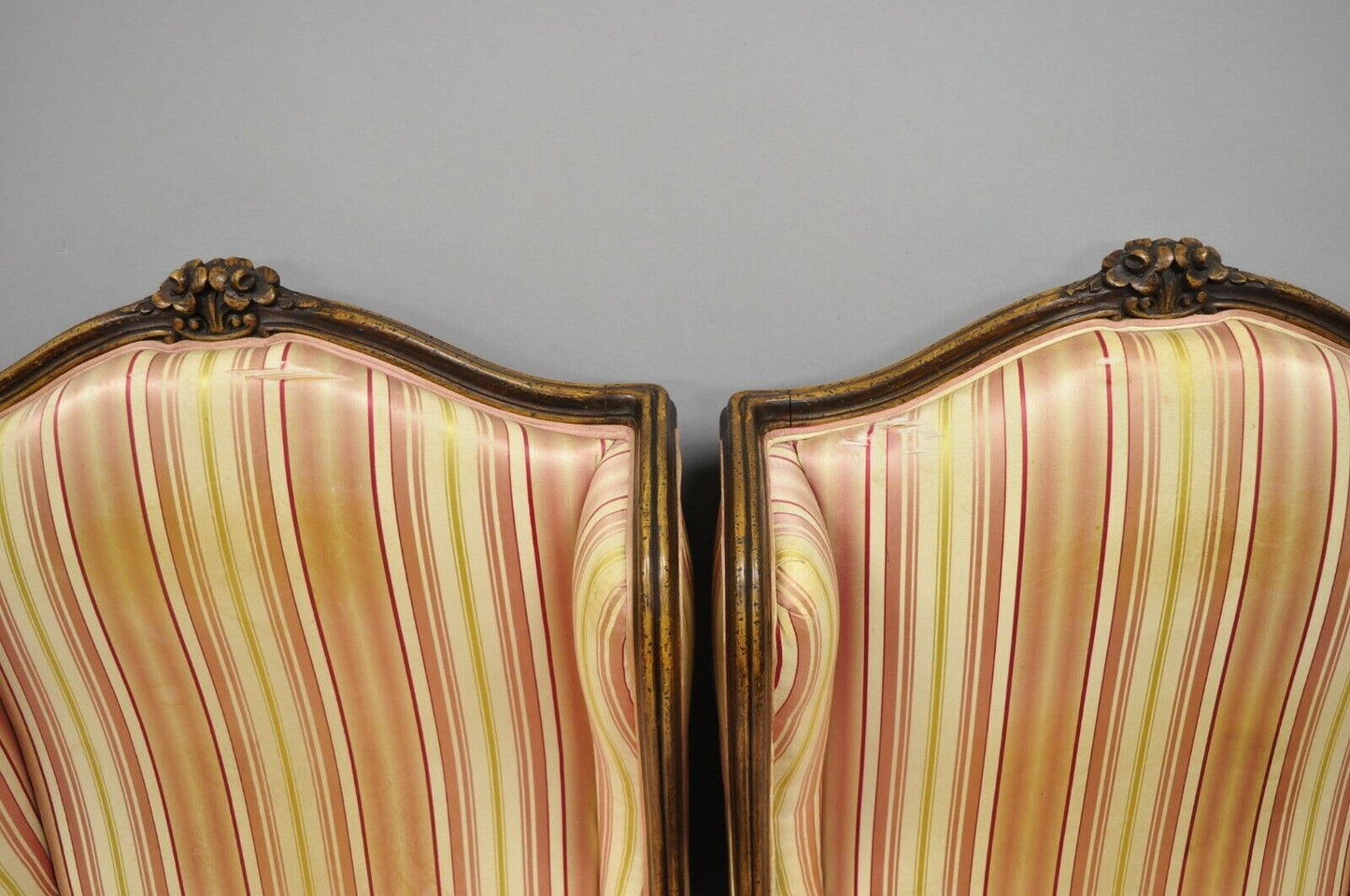 Vintage W & J Sloane French Louis XV Style Wingback Lounge Arm Chairs - a Pair