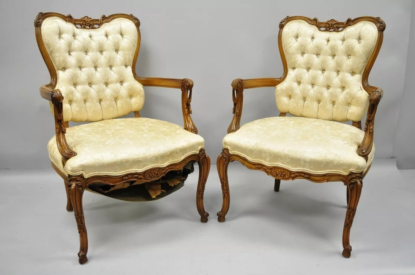 Vintage Hollywood Regency French Louis Style Drape Carved Arm Chairs - a Pair