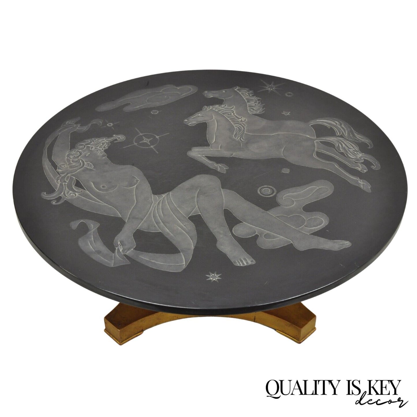 Vintage Art Nouveau Style Greek Horses and Nude Female Round Coffee Table